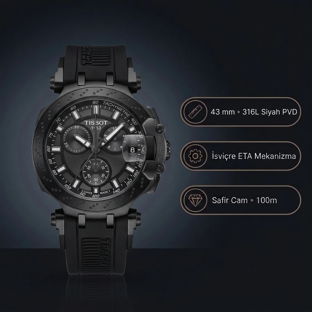 Tissot T-Race T115.417.37.061.03 Full Siyah PVD Kronograf Siyah Kauçuk Super Clone ETA Saat