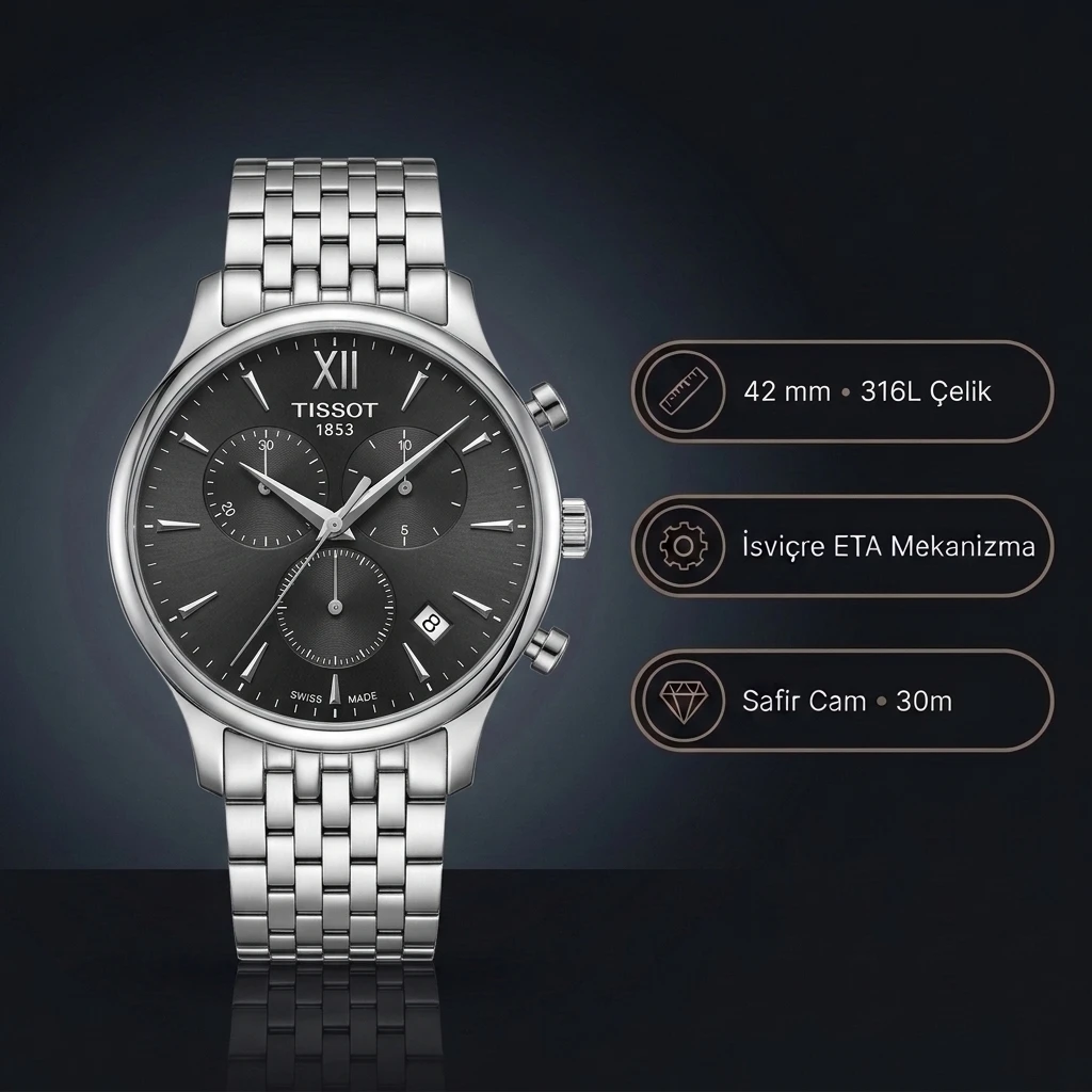 Tissot Tradition Chronograph T063.617.11.067.00 Antrasit Siyah Kadran Çelik Bilezik Super Clone ETA Saat