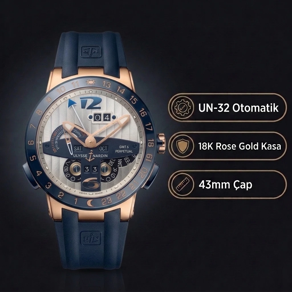 Ulysse Nardin El Toro GMT Perpetual Beyaz Kadran Mavi Bezel Rose Gold Kauçuk Kordon 43mm Super Clone ETA Saat