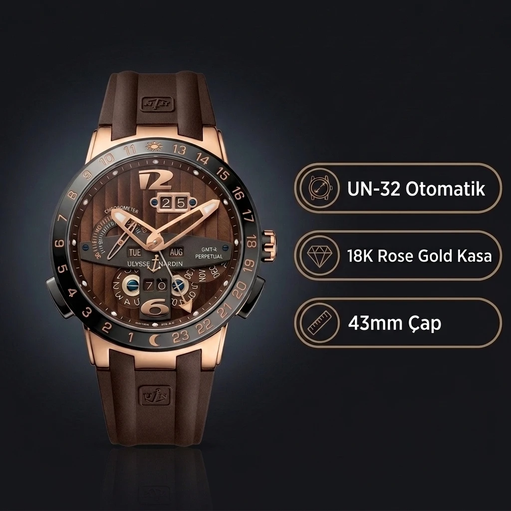 Ulysse Nardin El Toro GMT Perpetual Kahve Kadran Rose Gold Kauçuk Kordon 43mm Super Clone ETA Saat