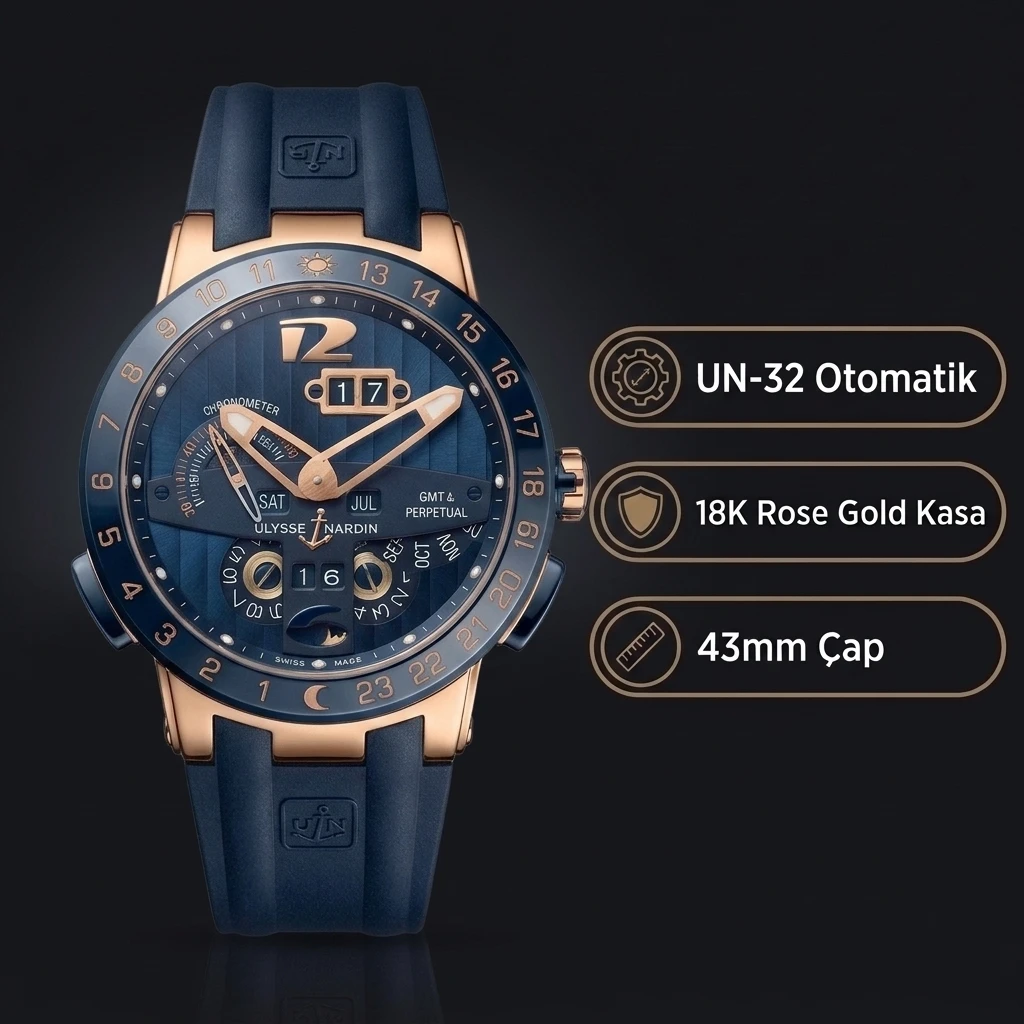 Ulysse Nardin El Toro GMT Perpetual Mavi Kadran Rose Gold Kauçuk Kordon 43mm Super Clone ETA Saat