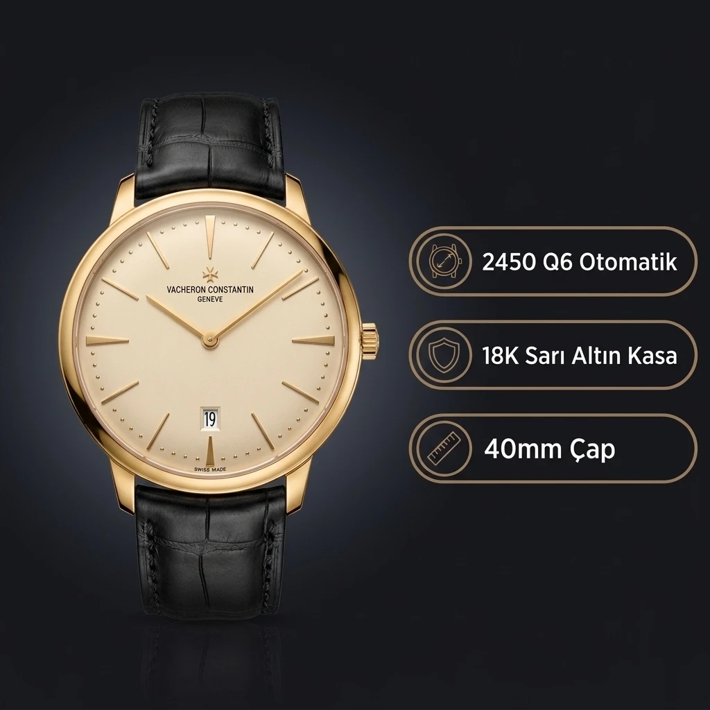 Vacheron Constantin 40 mm Patrimony Champagne Kadran Gold Deri Kordon Super Clone ETA Saat