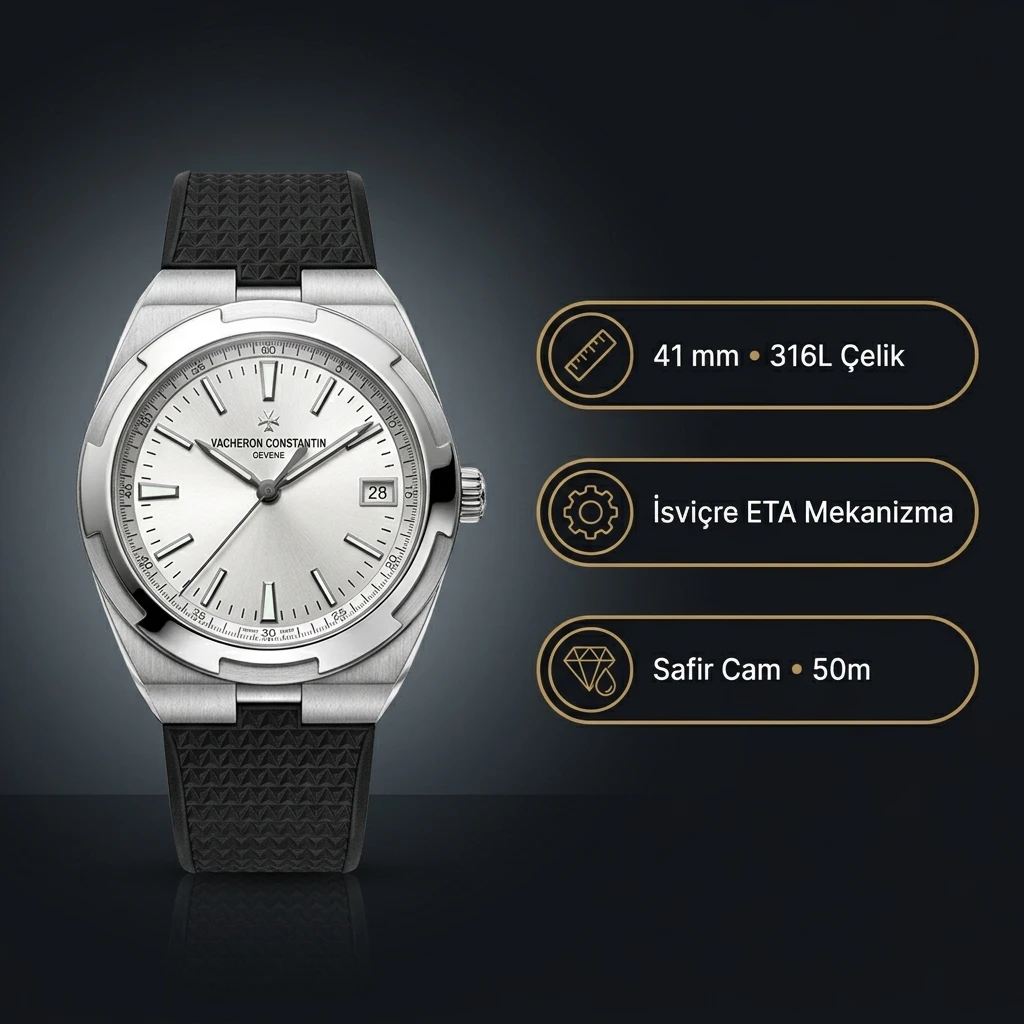 Vacheron Constantin 41 mm Overseas Beyaz Kadran Super Clone Eta Silikon Kordon Super Clone ETA Saat