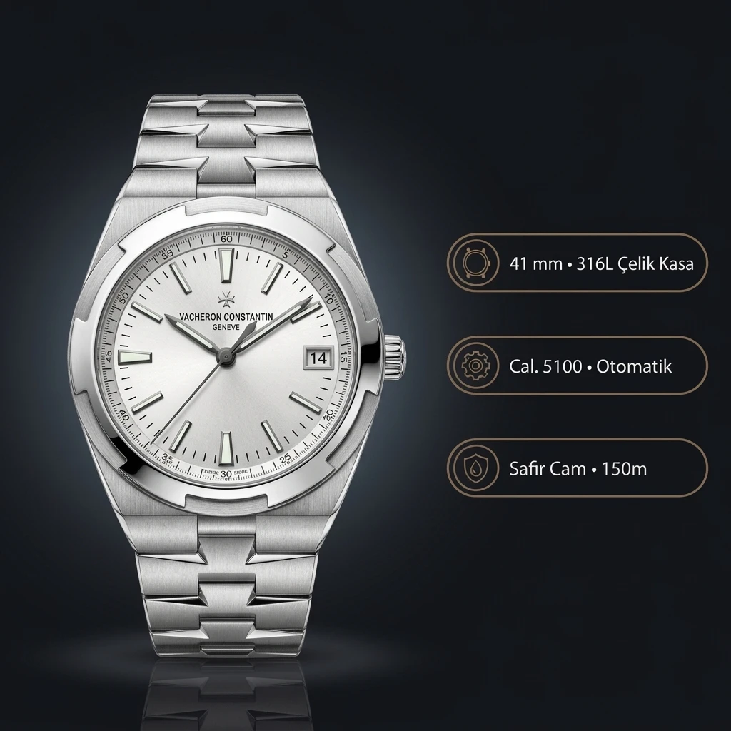 Vacheron Constantin 41 mm Overseas Çelik Kasa Gümüş Kadran Çelik Kordon Super Clone ETA Saat