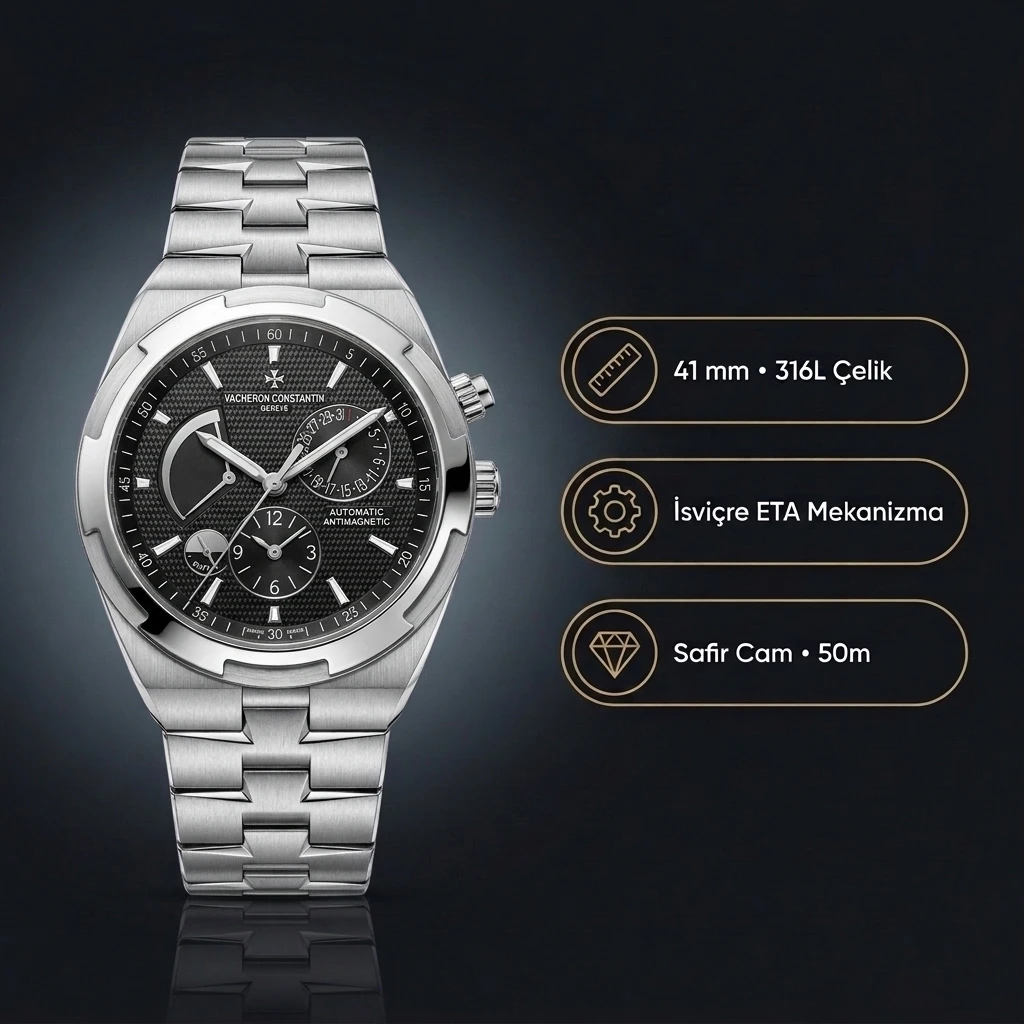 Vacheron Constantin 41 mm Overseas Dual Time Black Super Clone ETA Saat