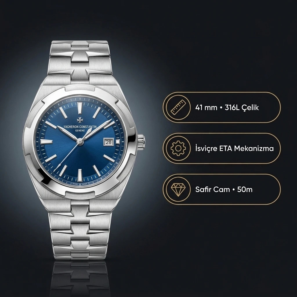 Vacheron Constantin 41 mm Overseas Dual Time Mavi Kadran Super Clone ETA Saat