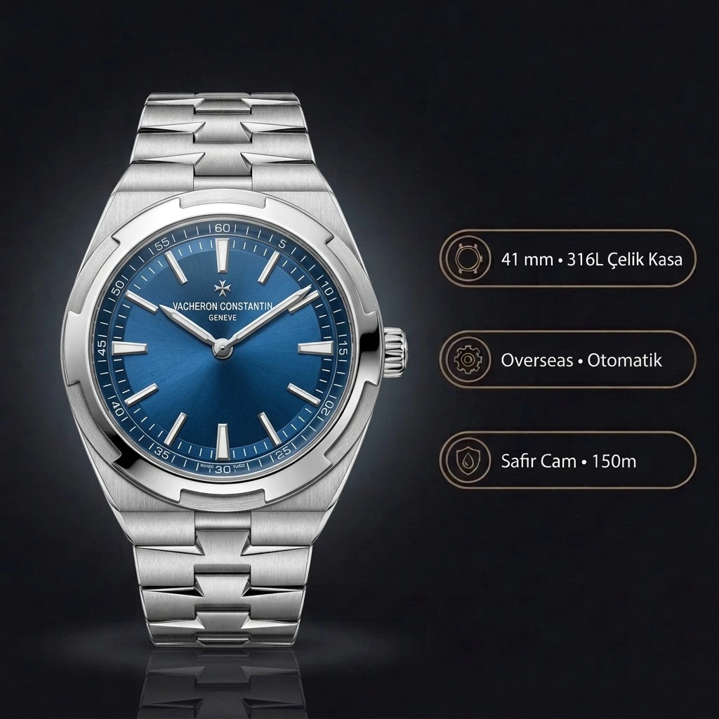 Vacheron Constantin 41 mm Overseas Mavi Kadran Çelik Kordon Super Clone ETA Saat
