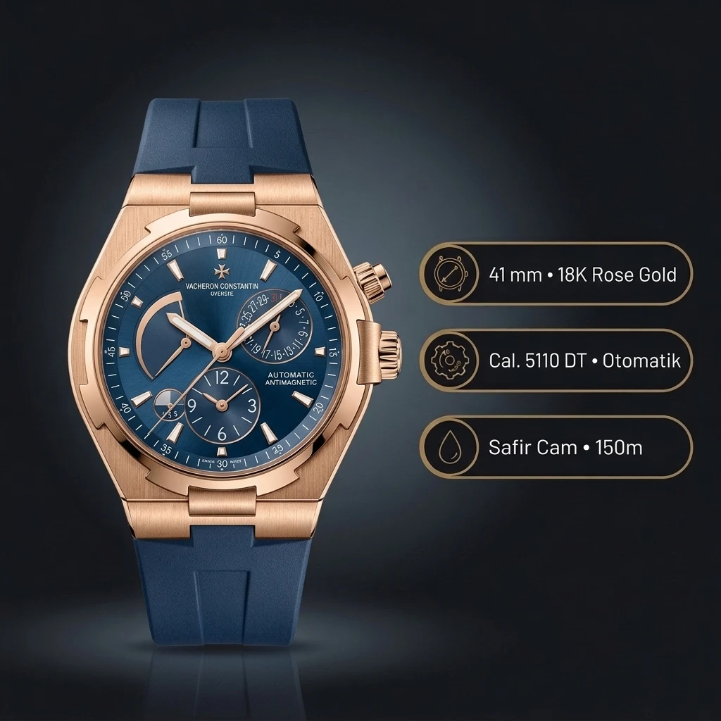 Vacheron Constantin 41 mm Overseas Rose Mavi Moonphase Kauçuk Kordon Super Clone ETA Saat