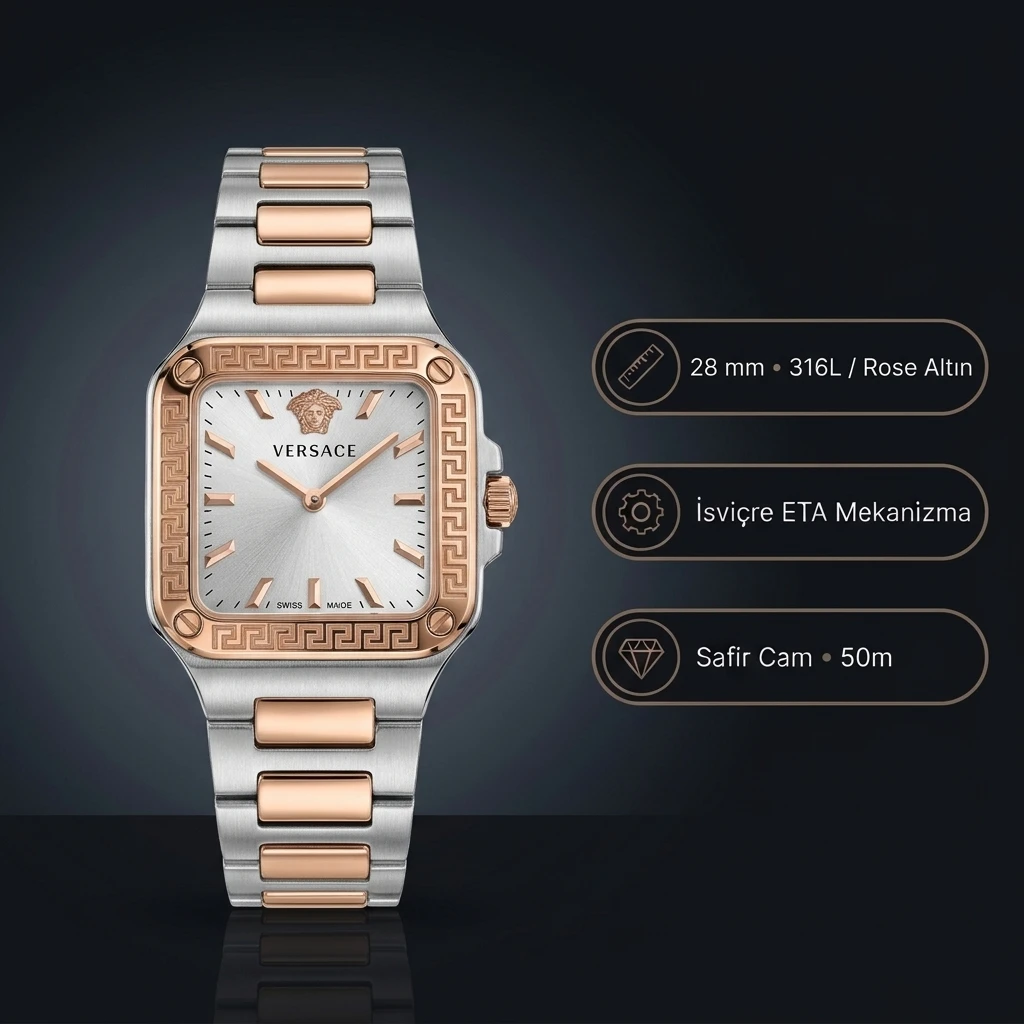 Versace Greca Kare Kasa Gümüş Beyaz Kadran Two Tone Rose Gold Çelik Bilezik Bayan Super Clone ETA Saat