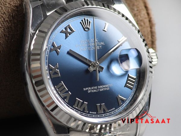 Rolex Datejust Tırtıklı Bezel Roma Rakamlı Mavi Kadran Eta